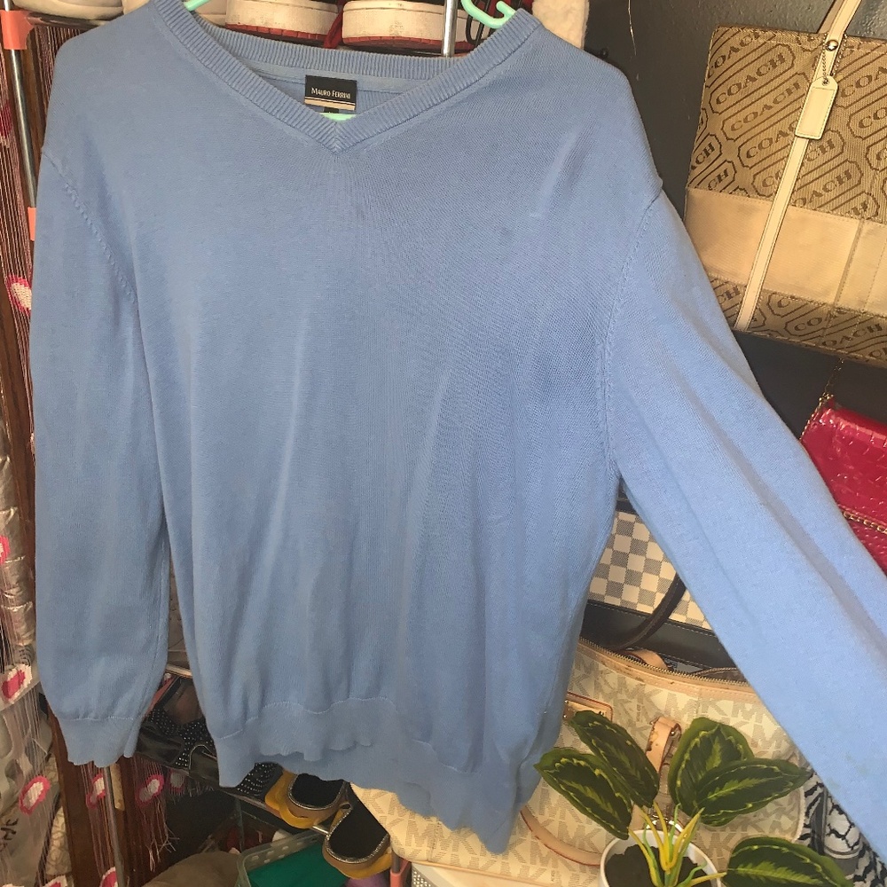 MAURO FERRINI Mens Blue V Neck Sweater Medium